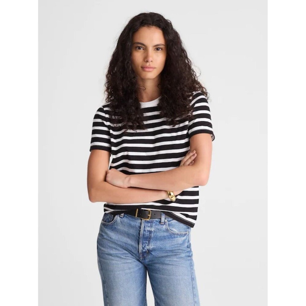 Madewell The Perfect Crewneck Tee in Allday Jersey Size Small Black Striped - Picture 2 of 9